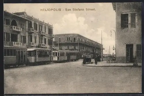 AK Heliopolis, San Stefano Street, Strassenpartie mit Strassenbahn