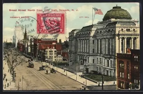 AK Newark, N. J., Broad Street North from City Hall, Strassenbahn