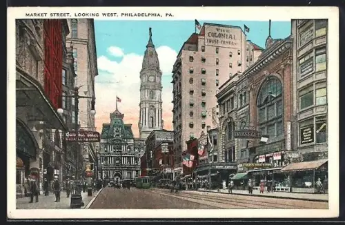 AK Philadelphia, PA., Market Street, looking West, Strassenbahn