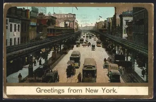 AK New York City, NY, Bowery and Llevated Road, Strassenbahn