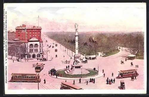 AK New York City, NY, The Circle Entrance to Central Park, Columbus Statue, Strassenbahn