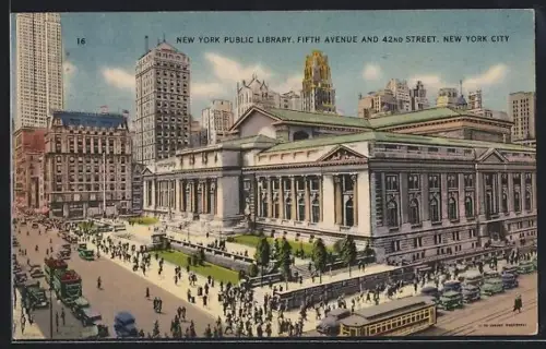 AK New York City, NY, New York Public Library, Fifth Avenue and 42nd Street, Strassenbahn
