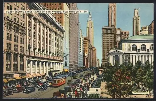 AK New York City, NY, Forty Second Street, East of 6th Avenue, Strassenbahn