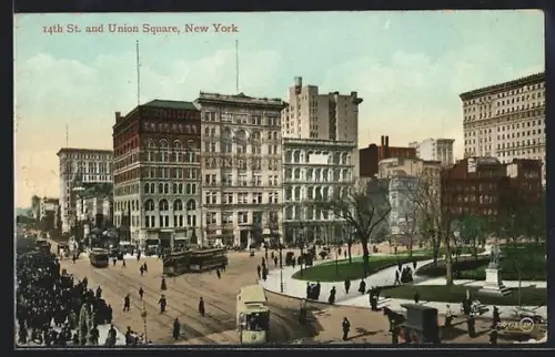 AK New York City, NY, St. and Union Square, Strassenbahn