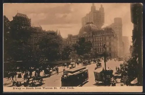 AK New York City, NY, B`way, South from Warren St., Strassenbahn
