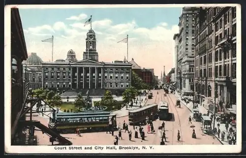 AK Brooklyn, NY., Court Street an City Hall, Strassenbahn