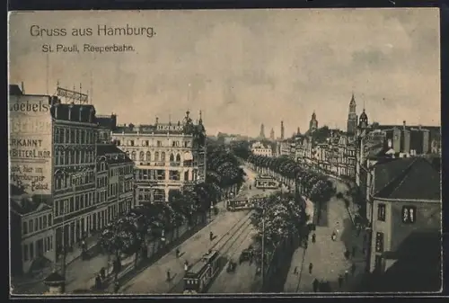 AK Hamburg, St. Pauli, Reeperbahn mit Hotel Elbschloss und Strassenbahn