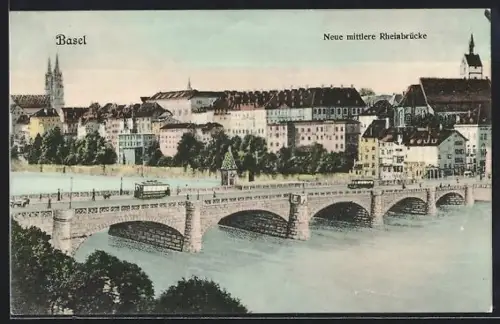 AK Basel, Mittlere Rheinbrücke mit Strassenbahn, Autobus, Ortsansicht, Vers