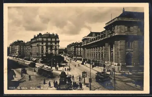 AK Genève, Rue du Mont Blanc et Hotel des Postes, Strassenbahn