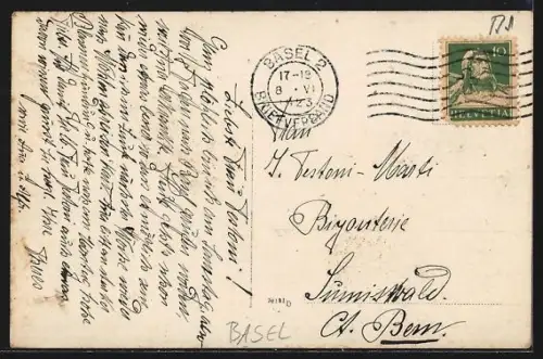 AK Basel, Strassenpartie mit Geschäften und Strassenbahn