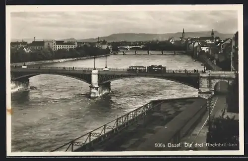 AK Basel, Die drei Rheinbrücken mit Strassenbahn