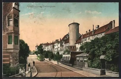 AK Schaffhausen, Strasse Grabengasse mit Strassenbahn