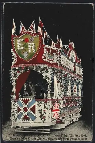 AK Illuminated electric car, King`s visit 1908, Strassenbahn