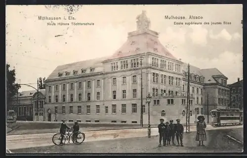 AK Mülhausen i. Els., Neue Höhere Töchterschule, Strassenbahn
