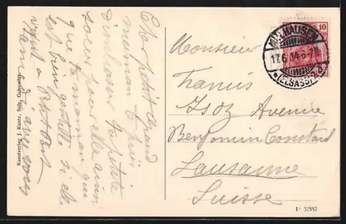 AK Mülhausen i. Els., Neue Höhere Töchterschule, Strassenbahn