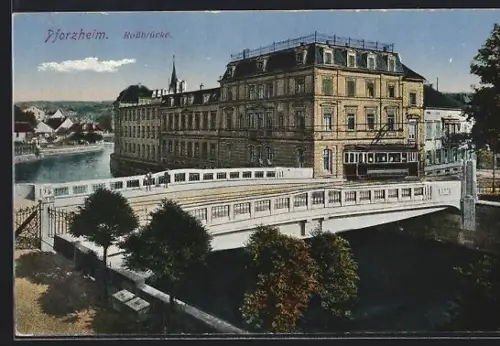 AK Pforzheim, Ansicht der Rossbrücke mit Strassenbahn
