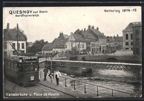 AK Quesnoy sur Deule, Kanalbrücke und Place de Moulin, Strassenbahn