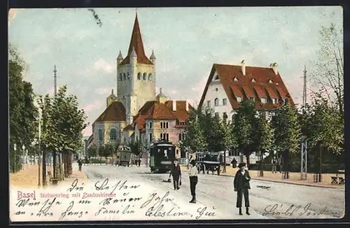 AK Basel, Steinenring mit Pauluskirche, Strassenbahn