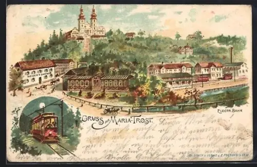 Lithographie Maria-Trost, Ortsansicht mit Weizer`s Gasthof und elektrischer Strassenbahn
