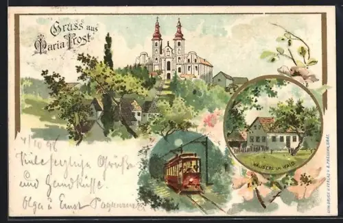 Lithographie Maria Trost, Häuserl im Wald, Bergbahn und Blick zum Schloss