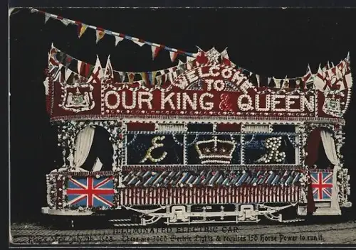 AK Illumanited electric car, King`s visit 1908, Strassenbahn