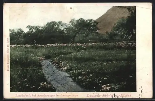 AK Arredareigas /Auasgebirge, Landschaft mit Wasserlauf und steilem Berg