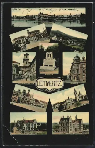 AK Leitmeritz, Veitdenkmal, Aufgang mit Kirche St. Maria, Markt mit Rathaus, Villenviertel