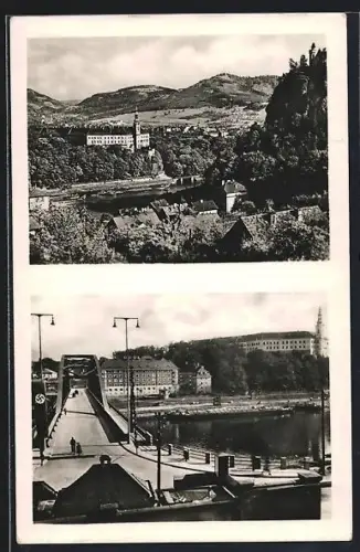 AK Tetschen, Ortsansicht aus der Vogelschau, Flusspartie mit Brücke