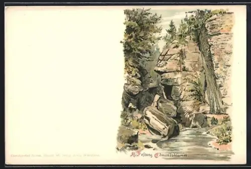 Lithographie Edmundsklamm, Fluss und Felsenlandschaft