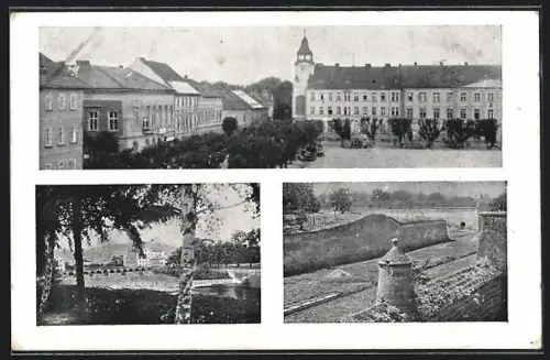 AK Terezin, Ortsansicht, Paradeplatz und Flusspartie