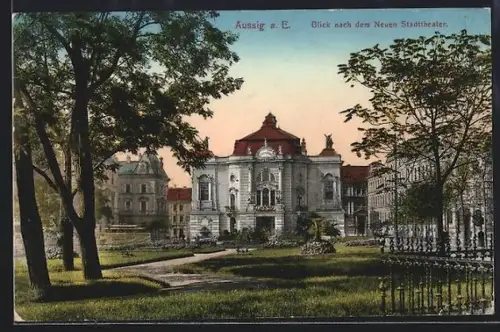 AK Aussig a. E., Blick zum neuen Stadttheater