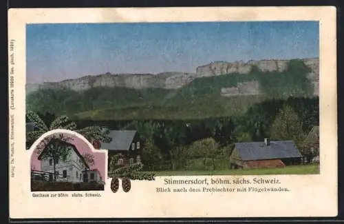 AK Stimmersdorf /Böhm.-sächs. Schweiz, Gasthaus zur böhm. sächs. Schweiz, Blick nach dem Prebischtor mit Flügelwänden