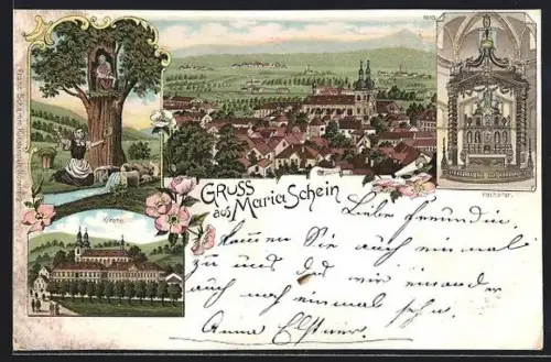 Lithographie Maria Schein, Kirche, Hochaltar, Ortsansicht aus der Vogelschau