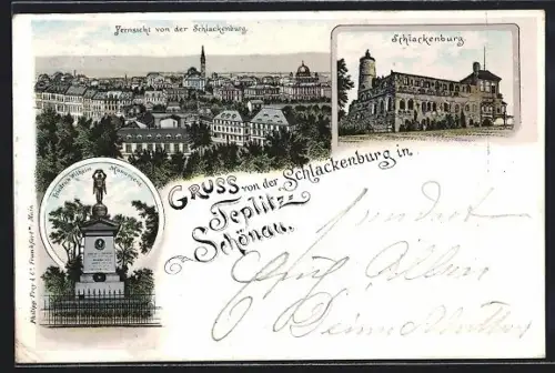 Lithographie Teplitz Schönau / Teplice, Friedrich Wilhelm Monument, Schlackenburg, Ortsansicht