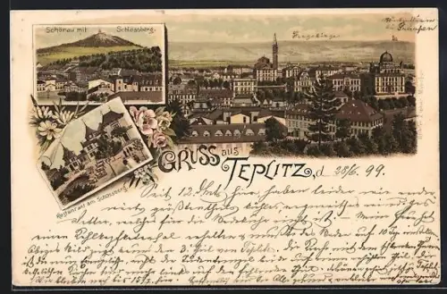Lithographie Teplitz Schönau / Teplice, Restaurant am Schlossberg, Gesamtansicht