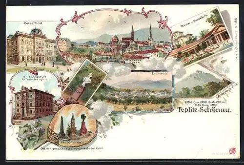 Lithographie Teplitz Schönau / Teplice, Kaiserbad, Theater und Wandelbahn, Eichwald