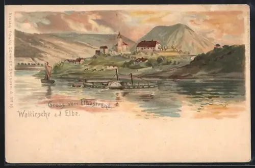 Künstler-AK Waltirsche a. d. Elbe, Ortsansicht von der Elbe aus, Raddampfer