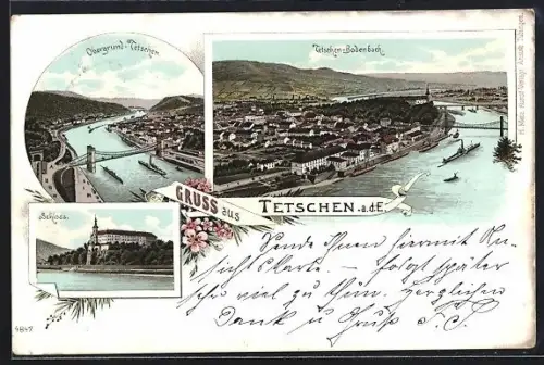 Lithographie Tetschen a. d. Elbe, Ansicht von Tetschen-Bodenbach, Obergrund-Tetschen, Schloss