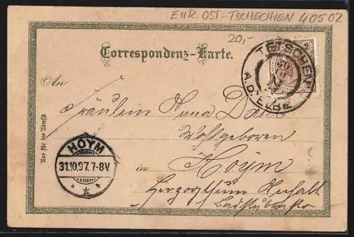 Lithographie Tetschen a. d. Elbe, Ansicht von Tetschen-Bodenbach, Obergrund-Tetschen, Schloss