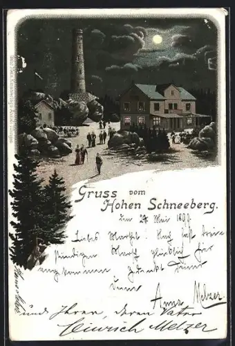 Lithographie Hoher Schneeberg, Ansicht vom Gipfel mit Baude und Turm bei Nacht