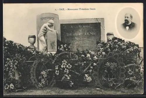 AK Dax, Monument Théodore Denis avec couronnes de fleurs et portrait en médaillon