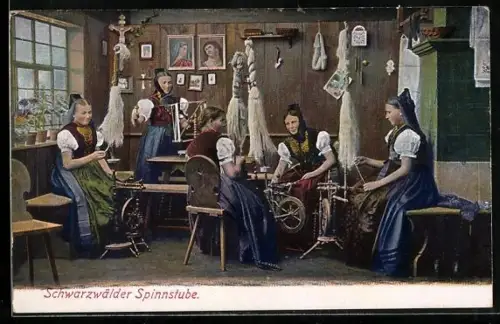 AK Schwarzwälder Spinnstube, Frauen in Schwarzwälder Tracht