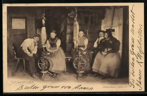 AK Junge Frauen am Spinnrad in der Spinnstube