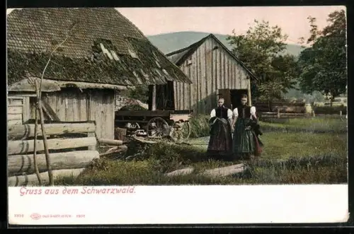 AK Bauernhof im Schwarzwald, Bäuerinnen in Tracht