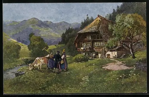 AK Bauern in Schwarzwälder Tracht mit Kuh