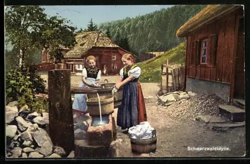 AK Schwarzwaldidylle, Wascherinnen in Tracht