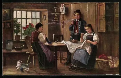 AK Familie in Schwarzwälder Tracht in Bauernstube