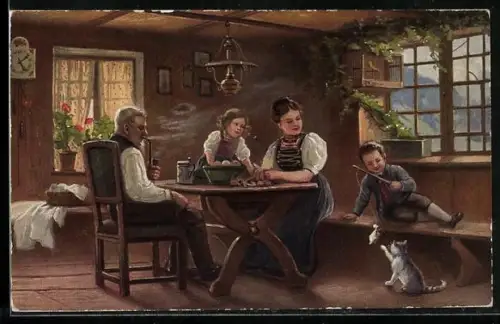 AK Gemütlich in der warmen Stube, Schwarzwälder Tracht