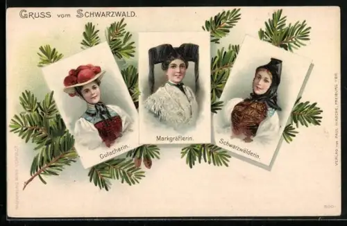 Lithographie Schwarzwälder Trachten, Gutacherin, Markgräflerin, Schwarzwälderin