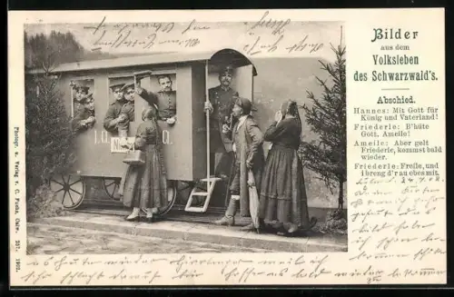 AK Abschied, Eltern in Schwarzwälder Tracht verabschieden sich von Soldaten in einem Zug